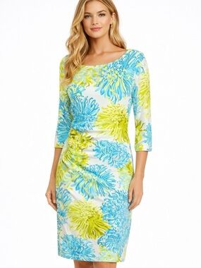 J McLAUGHLIN Lime Green & Blue Floral Sheath Dress Ruched Waist 3/4 Sleeves Sz M